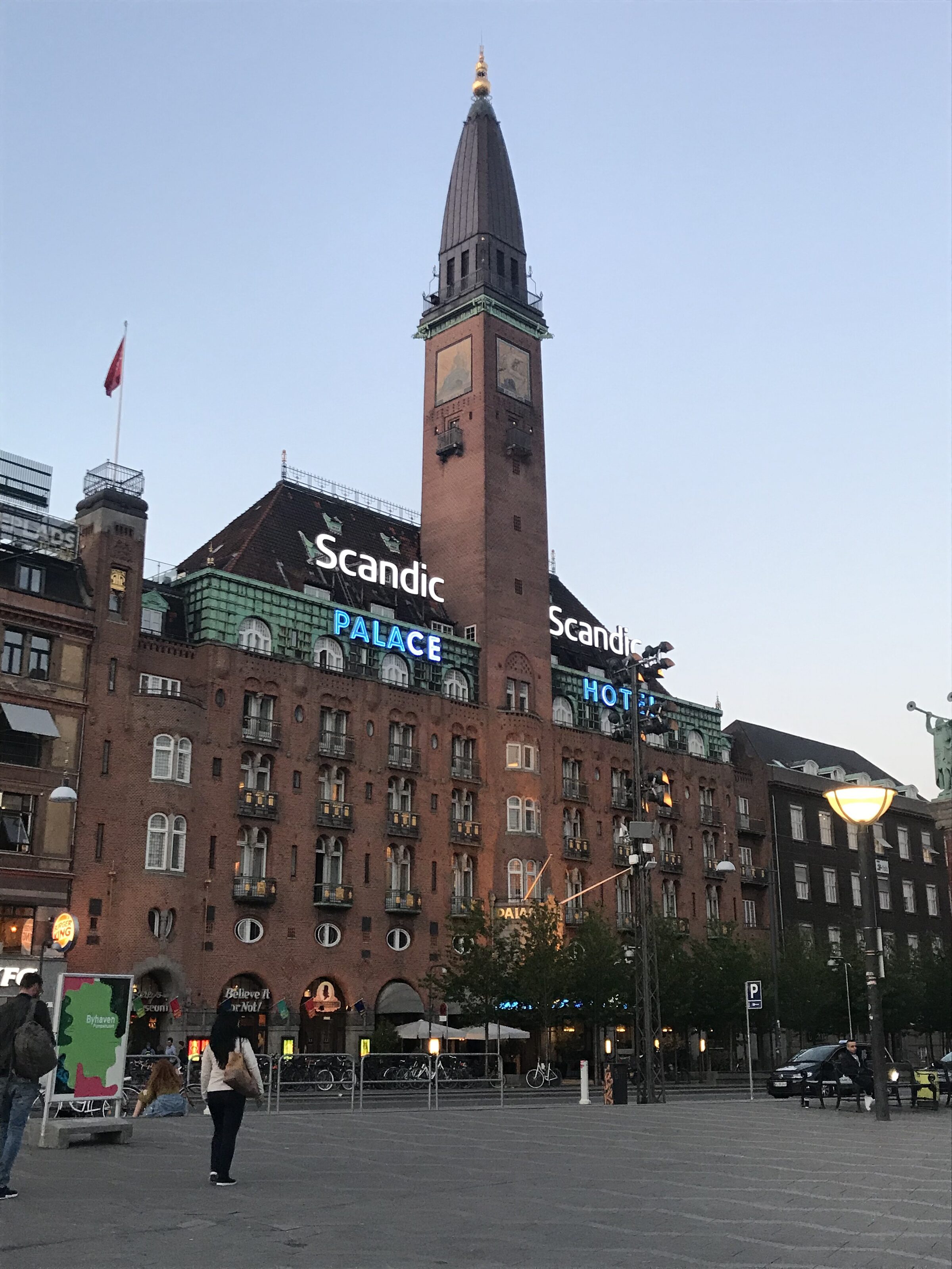 A historic palace hotel at dusk