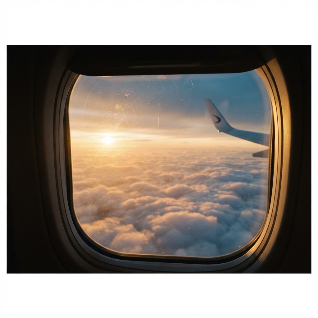 An airplane window view over golden clouds at sunset