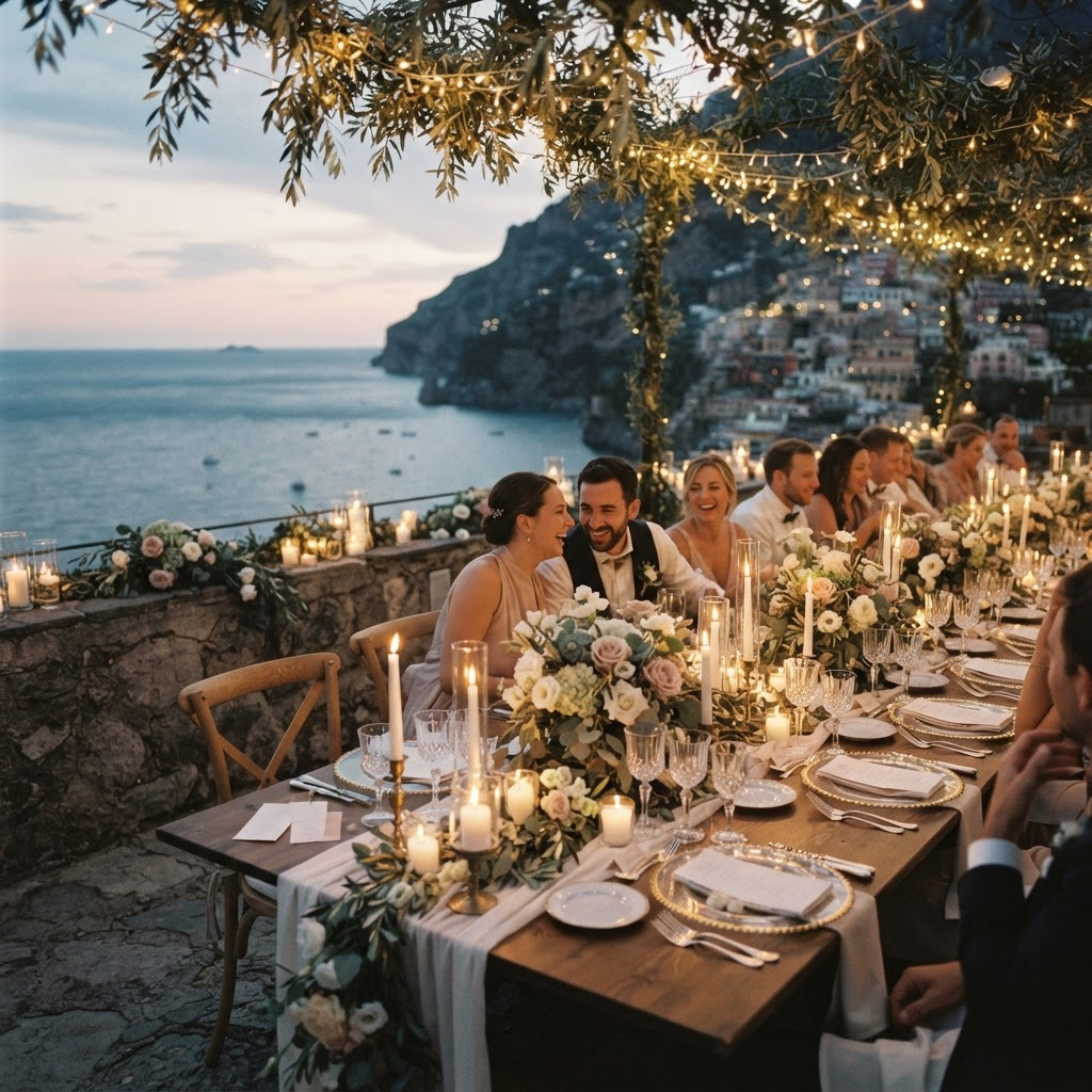 A candlelit destination wedding reception overlooking the coastline at dusk