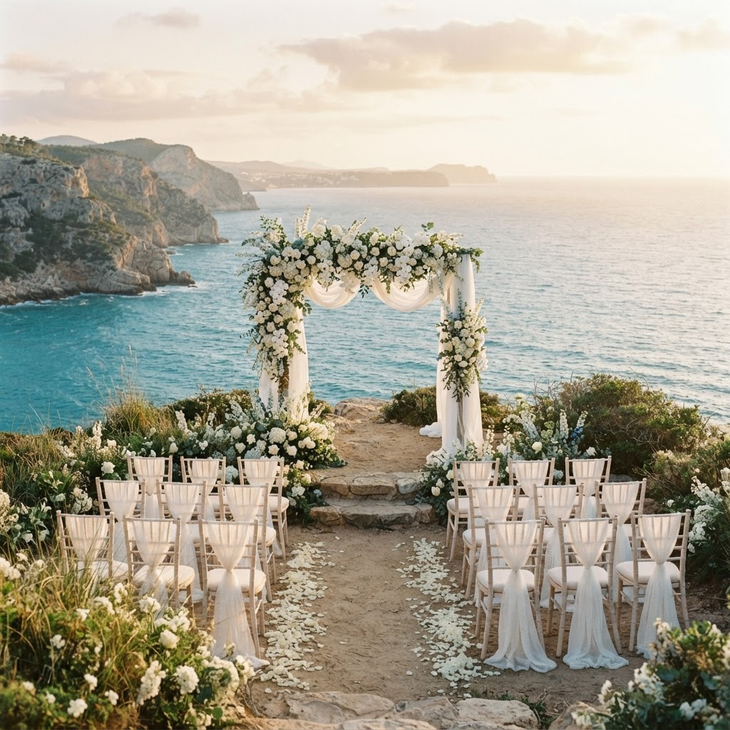 A luxury cliffside destination wedding ceremony overlooking a turquoise ocean at golden hour