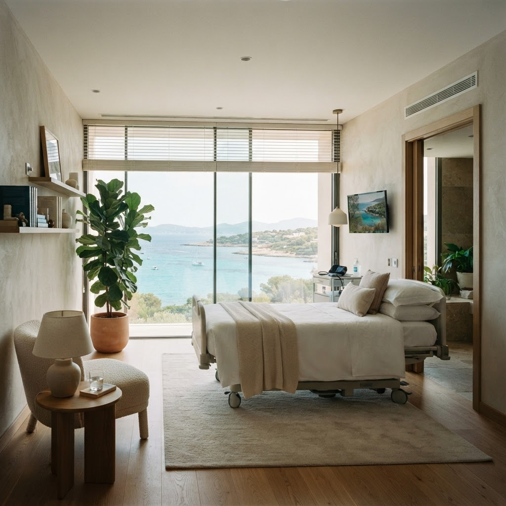 A serene luxury medical recovery retreat suite overlooking a tranquil coastline